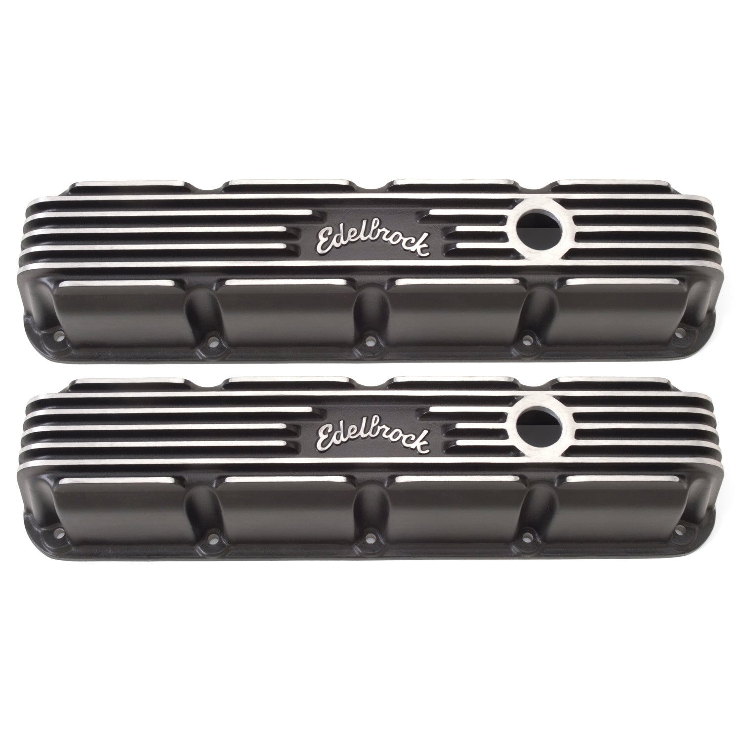 SBM Classic Finned V/C's - Black Valve Covers Edelbrock