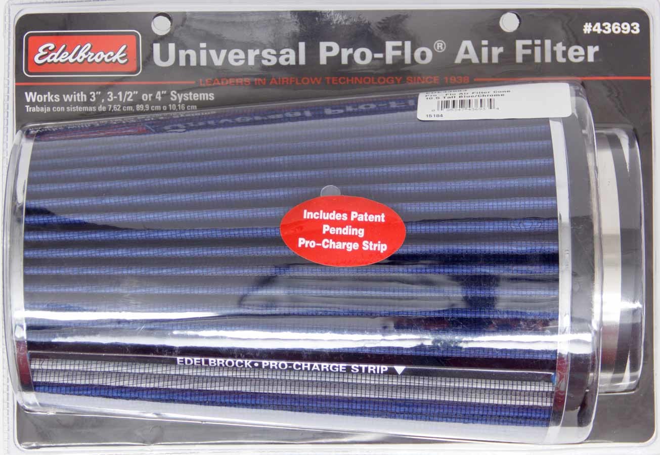 Pro-Flo Air Filter Cone 10.5 Tall Blue/Chrome Air Filter Elements Edelbrock