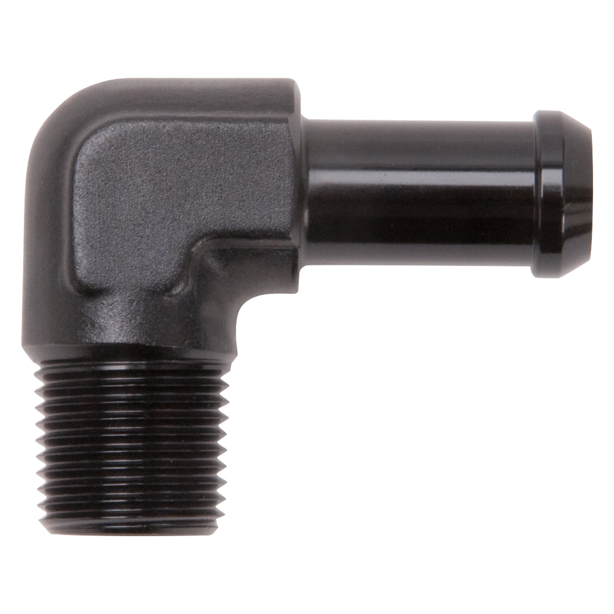 Hose End 90-Deg 3/8 NPT to 1/2in Barb Black AN-NPT Fittings and Components Edelbrock