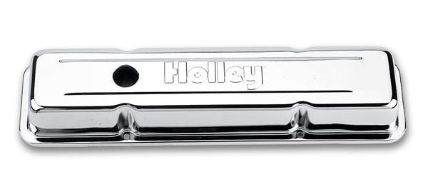 SBC Chrome Valve Covers w/Holley Logo - Short Valve Covers Holley