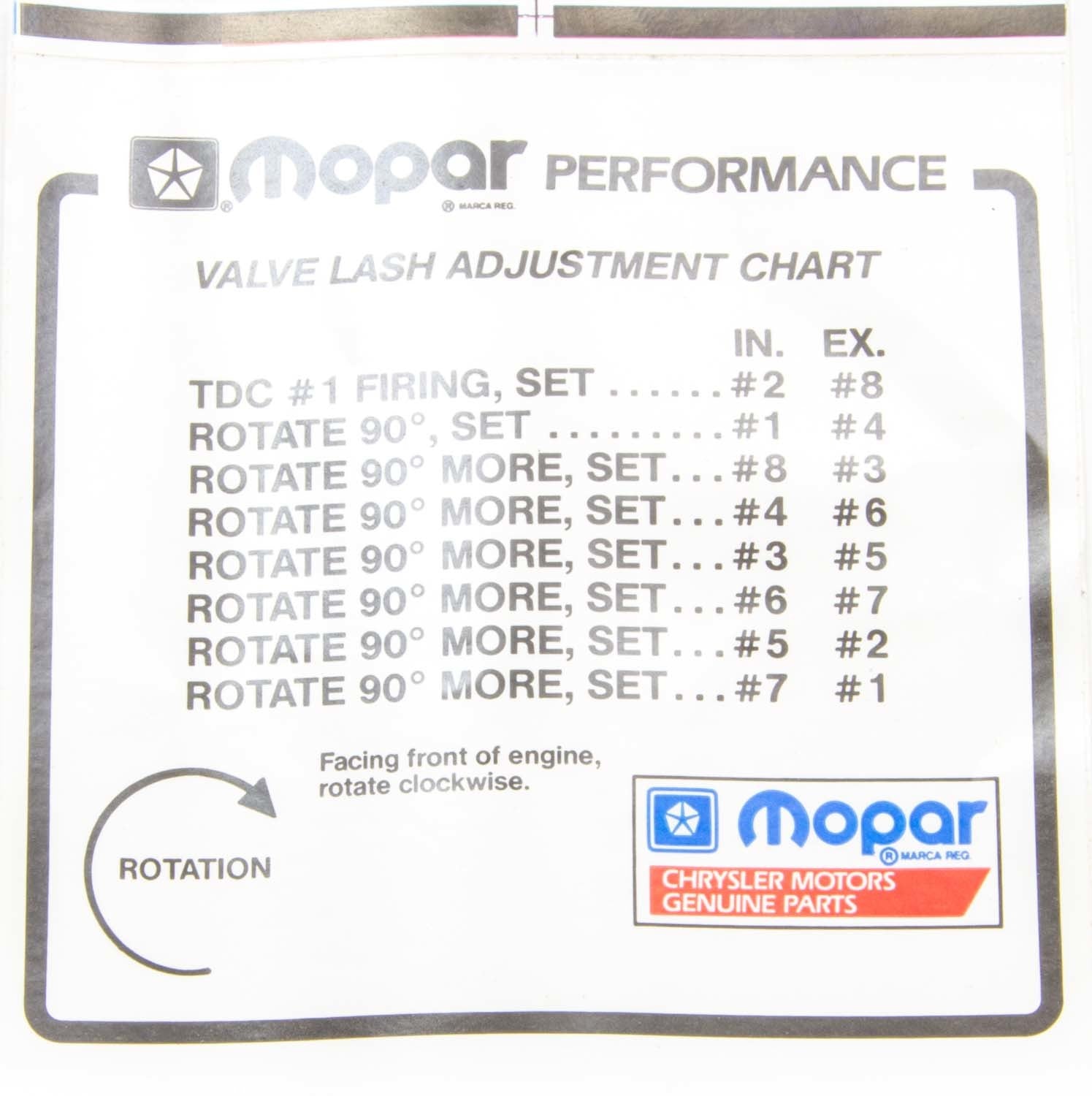 Valve Lash Adj. Decal Decals Mopar