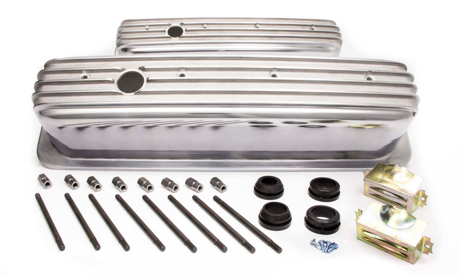 SBC Alum Finned Tall Center Bolt V/C Polished Valve Covers Racing Power Company