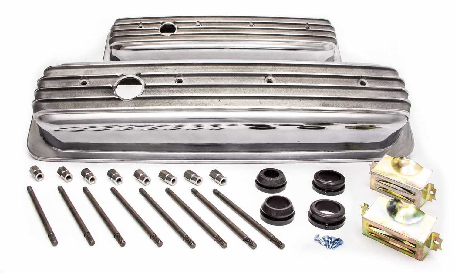 SBC Alum Finned Short Center Bolt V/C Polished Valve Covers Racing Power Company