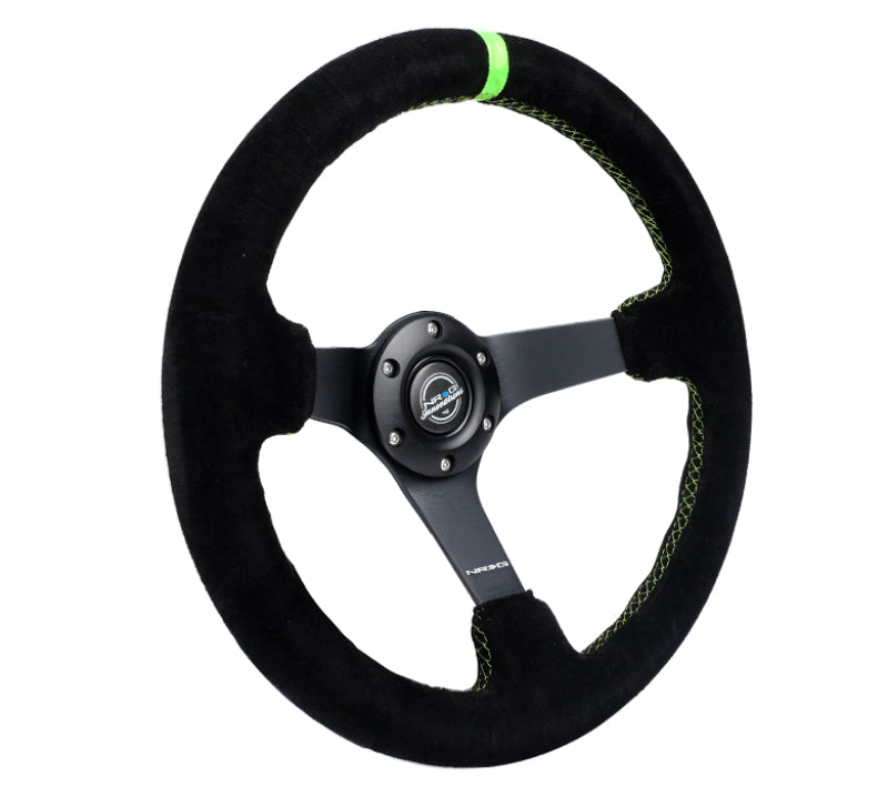 NRG Reinforced Steering Wheel 350mm/3in. Deep Blk Suede/ Neon Green Stitch w/5mm Matte Black Spoke Steering Wheels NRG