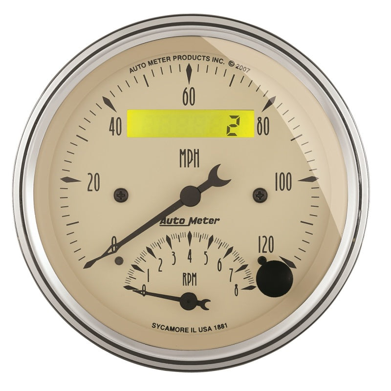 AutoMeter Gauge Tach/Speedo 3-3/8in. 120MPH & 8K RPM Elec. Program. Antq Beige Gauges AutoMeter