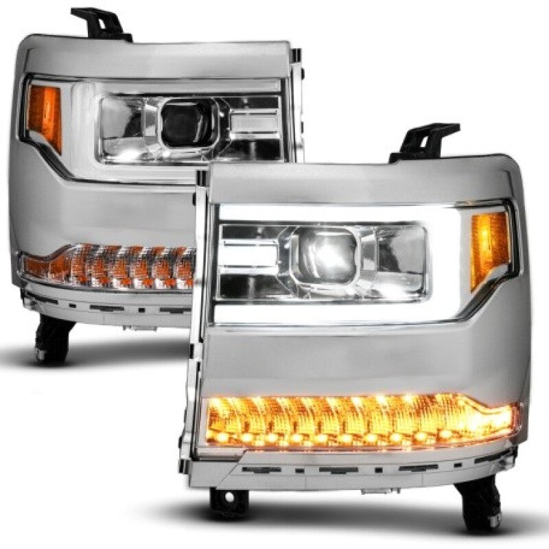 ANZO 16-18 Chevy Silverado1500 (Factory HID Models) LED Prj Light Bar Style Headlights Chrome - Pair Headlights ANZO