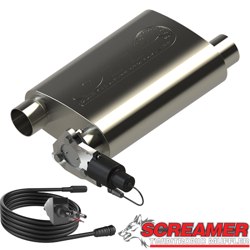 QTP 2.5in Weld-On 304SS Reverse Screamer Muffler w/Bolt-On QTEC Electric Cutout Muffler QTP