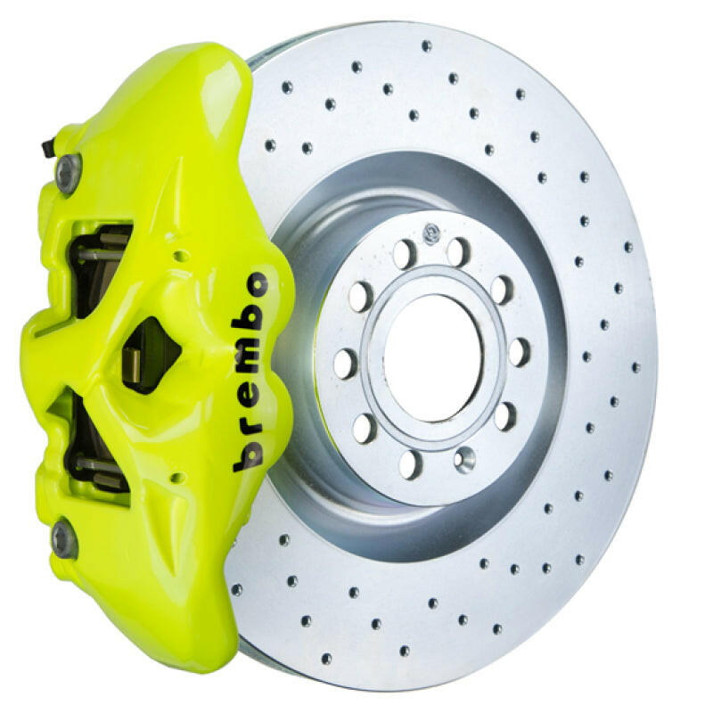 Brembo 05-10 Jetta GLI Fr GT BBK 4Pis Cast 345x30 1pc Rotor Drilled-Fluo. Yellow Brake Kits - Performance Slot Brembo