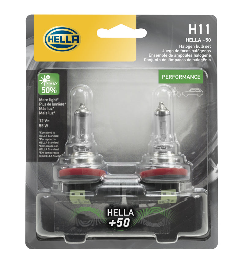 Hella H11 12V 55W PGJ19-2 T4 +50 Performance Halogen Bulb - Pair Bulbs Hella