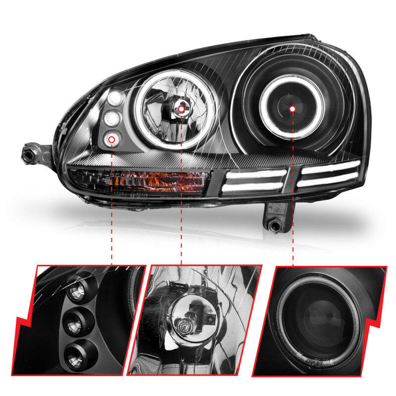 ANZO 2006-2009 Volkswagen Rabbit Projector Headlights w/ Halo Black (CCFL) Headlights ANZO