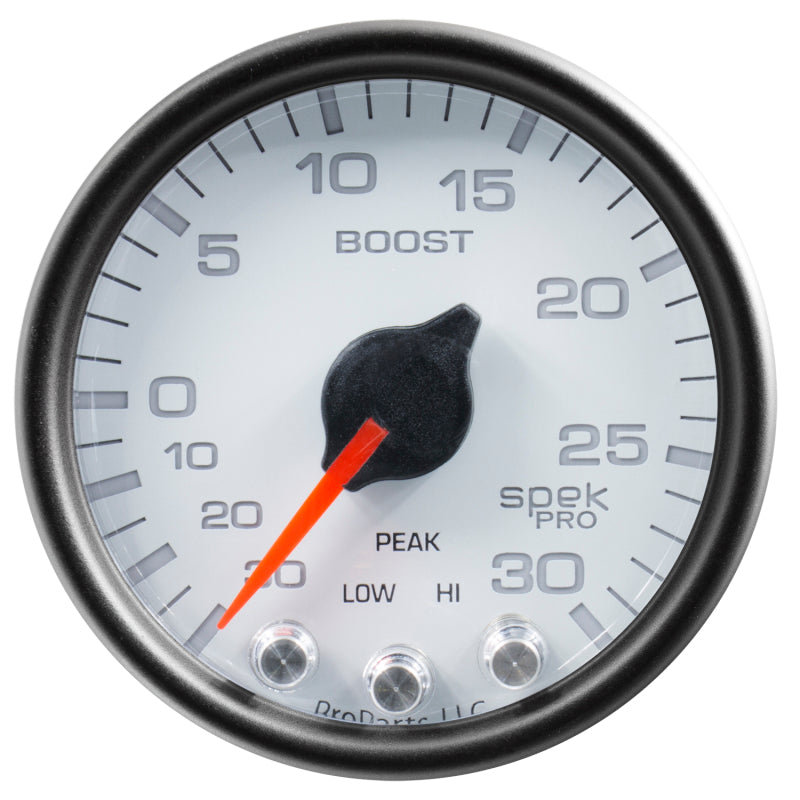 Autometer Spek-Pro Gauge Vac/Boost 2 1/16in 30Inhg-30psi Stepper Motor W/Peak & Warn White/Black Gauges AutoMeter