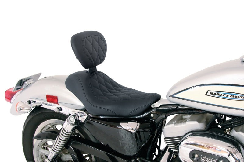 Mustang 04-21 Harley Sportster Wide Tripper Solo Seat w/Driver Backrest Diamond Stitch - Black Solo Motorcycle Seats Mustang Motorcycle