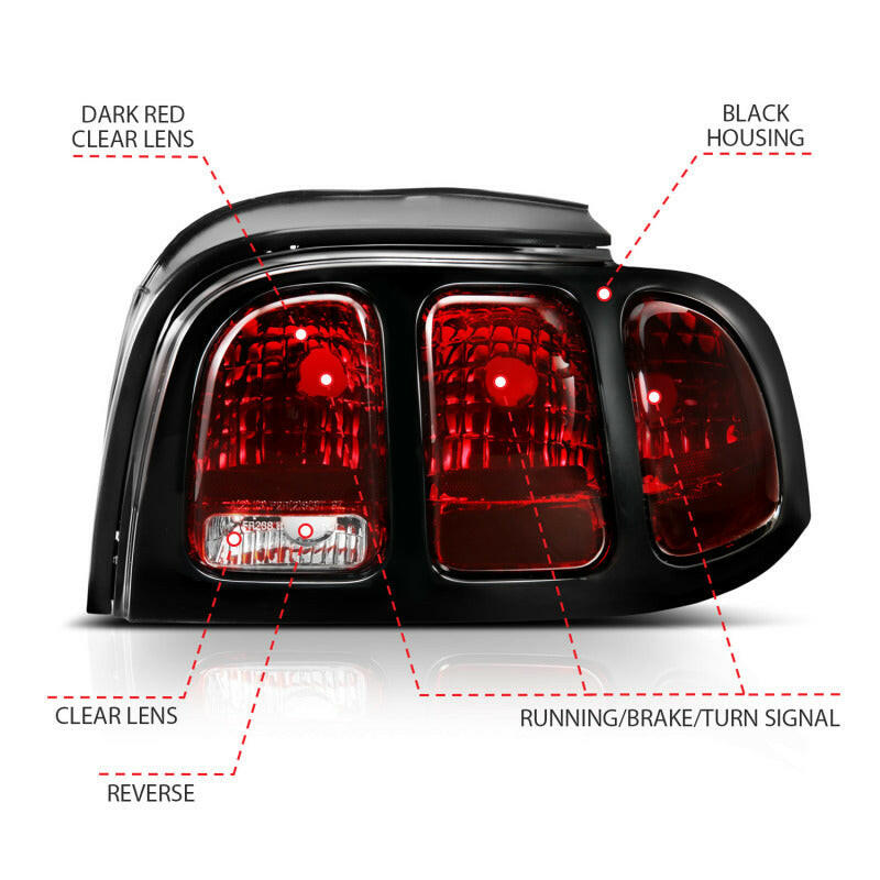 ANZO 1994-1998 Ford Mustang Taillight Dark Red Lens (OE Style) Tail Lights ANZO