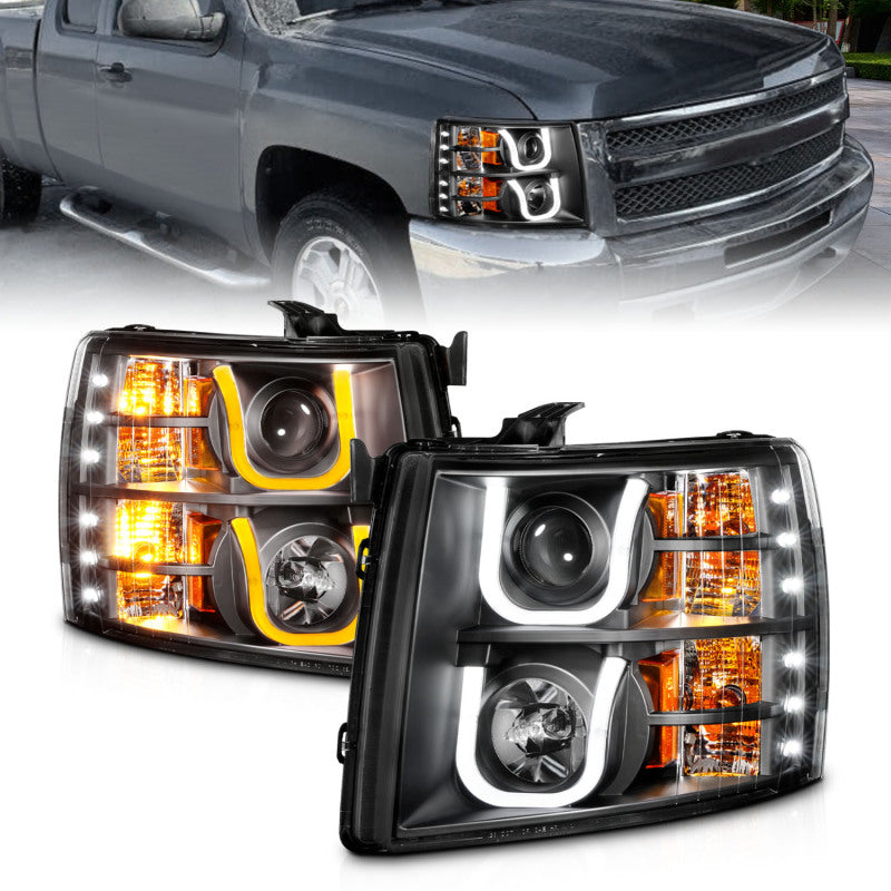 ANZO 2007-2013 Chevrolet Silverado 1500/2500 Projector Headlights w/ U-Bar Switchback Black w/ Amber Headlights ANZO