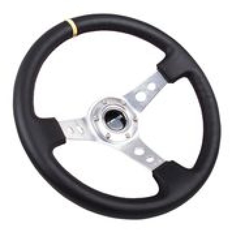 NRG Reinforced Steering Wheel (350mm / 3in. Deep) Blk Leather w/Circle Cut Spokes & Single Yellow CM Steering Wheels NRG