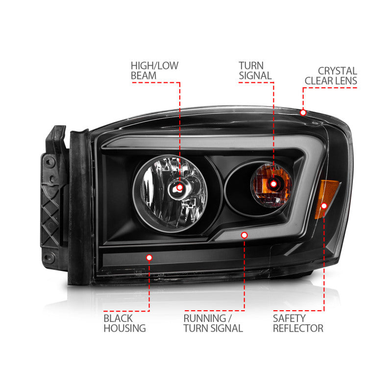 ANZO 06-09 Dodge RAM 1500/2500/3500 Headlights Black Housing/Clear Lens (w/Switchback Light Bars) Headlights ANZO