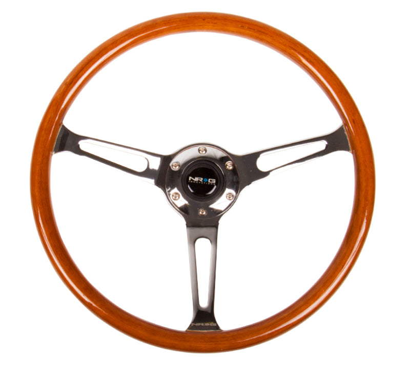 NRG Reinforced Steering Wheel (360mm) Classic Wood Grain w/Chrome Cutout 3-Spoke Center Steering Wheels NRG