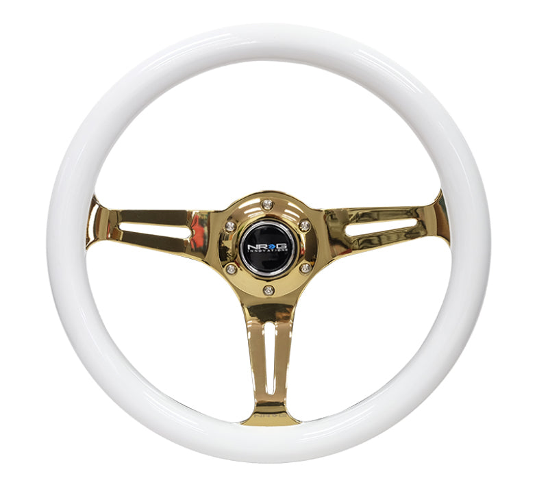 NRG Classic Wood Grain Steering Wheel (350mm) White Grip w/Chrome Gold 3-Spoke Center Steering Wheels NRG