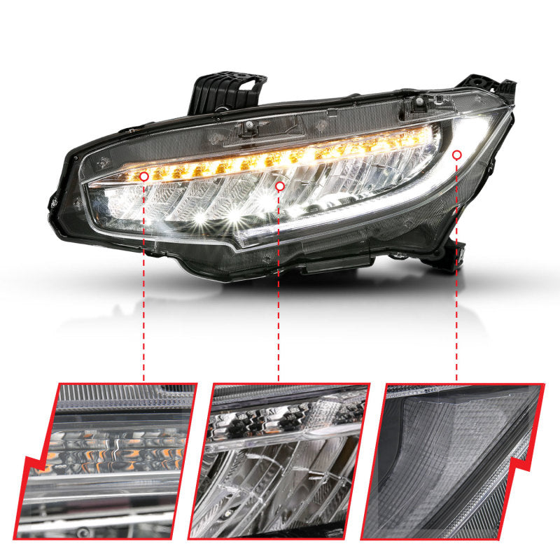 ANZO 16-17 Honda Civic Projector Headlights Plank Style Black w/Amber/Sequential Turn Signal Headlights ANZO