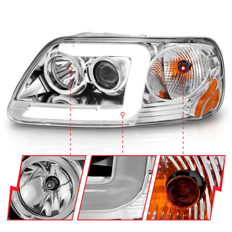ANZO 1997-2003 Ford F-150 Projector Headlights w/ Light Bar Chrome Housing Headlights ANZO