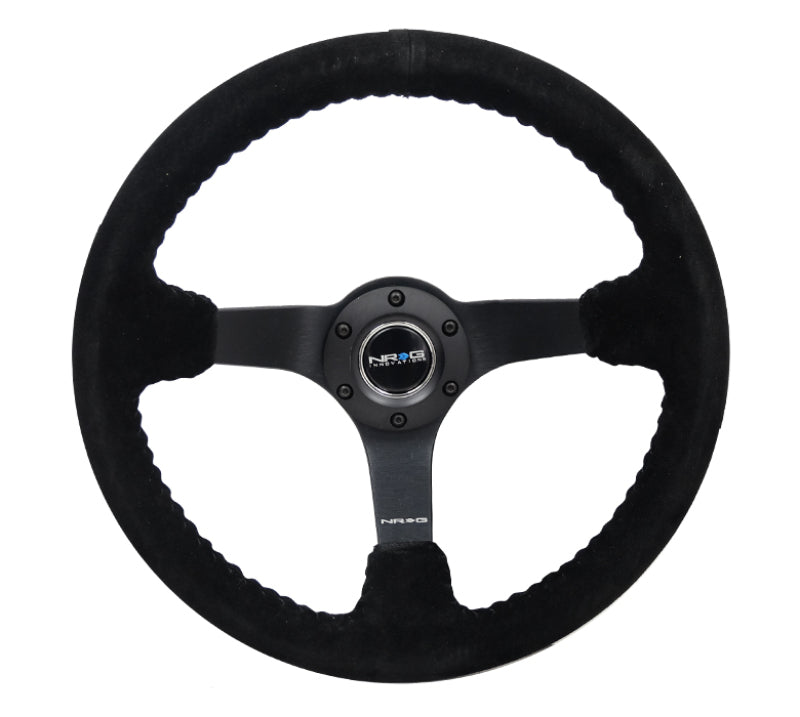 NRG Reinforced Steering Wheel (350mm / 3in. Deep) Blk Suede/Blk Bball Stitch w/5mm Matte Black Spoke Steering Wheels NRG
