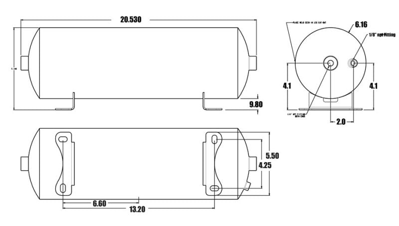 Ridetech Air Tank 2 Gallon Aluminum w/ 2- 1/4in Ports and 1- 1/8in Port Air Tanks Ridetech