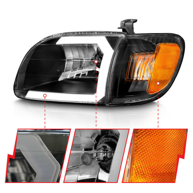 ANZO 00-04 Toyota Tundra (Fits Reg/Acc Cab Only) Crystal Headlights w/Light Bar Black w/Corner Light Headlights ANZO