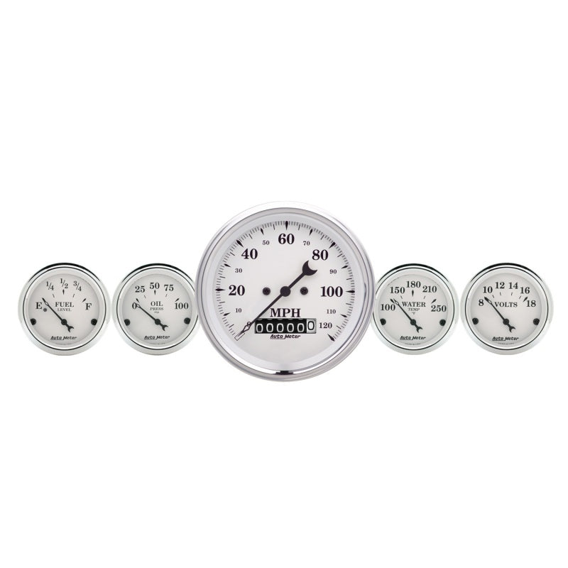 AutoMeter Gauge Kit 2 Pc. Quad & Speedometer 3-3/8in. Old Tyme White Gauges AutoMeter
