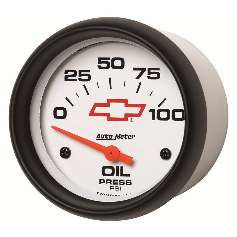 AutoMeter Gauge Oil Pressure 2-5/8in. 100PSI Electric Chevy Red Bowtie White Gauges AutoMeter