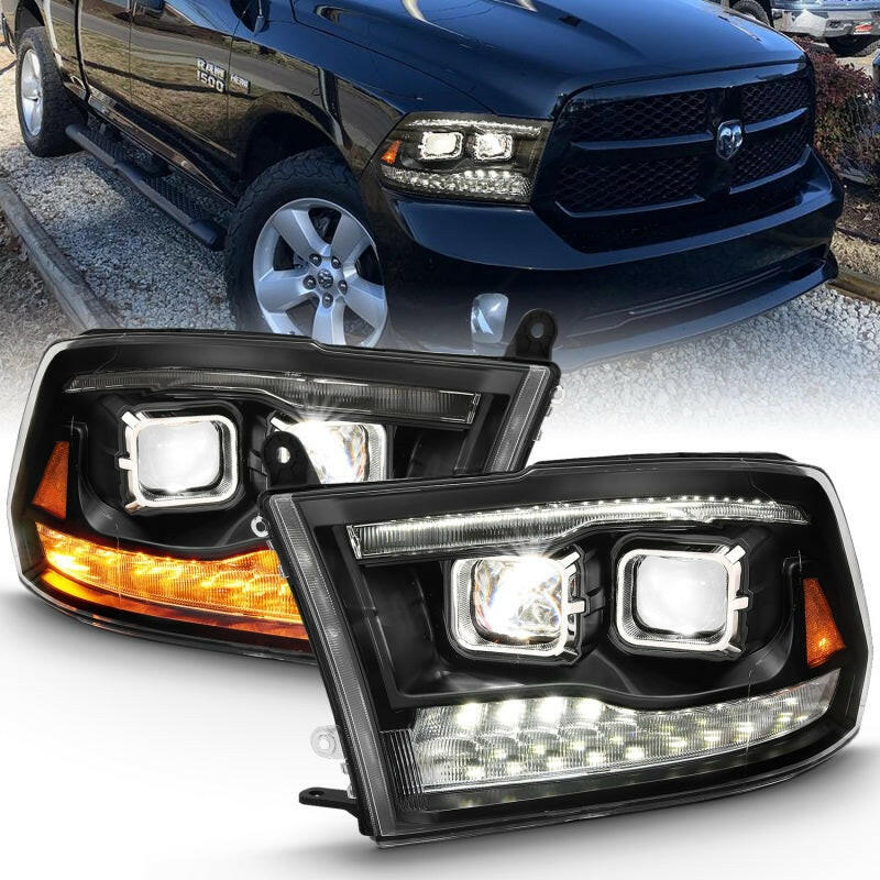 ANZO 2009-2018 Dodge Ram 1500 Led Projector Plank Style Switchback H.L Halo Black Amber (OE Style) Headlights ANZO