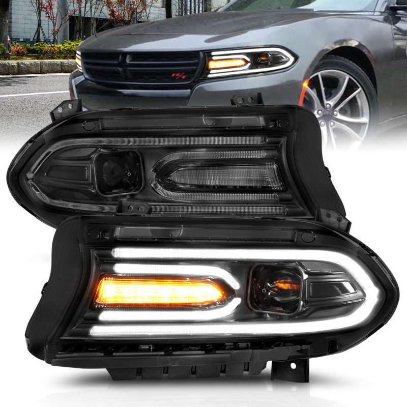 ANZO 2015-2018 Dodge Charger Projector Headlights Plank Style Black Headlights ANZO