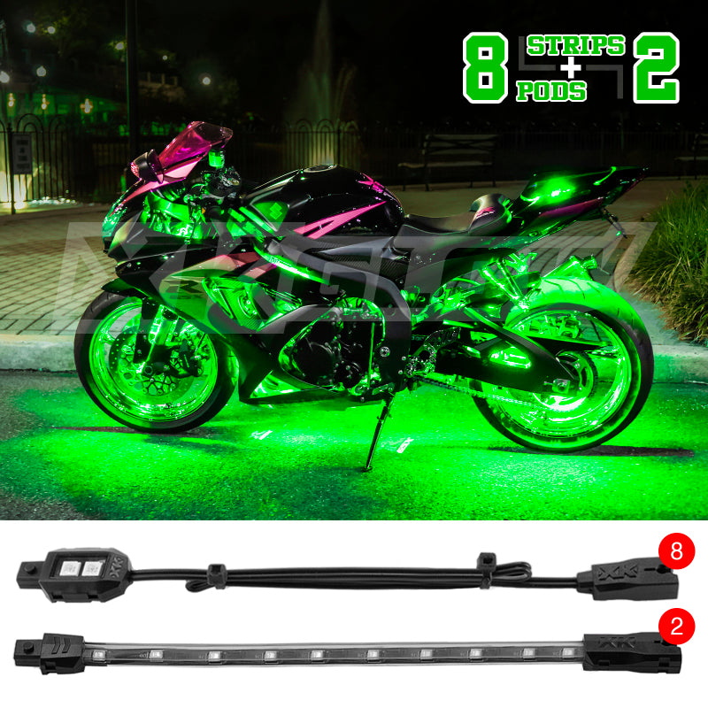 XK Glow Strips Single Color XKGLOW LED Accent Light Motorcycle Kit Green - 8xPod + 2x8In Light Accessories and Wiring XKGLOW