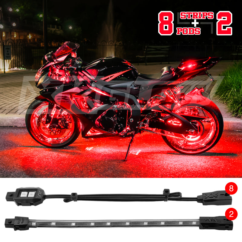 XK Glow Single Color XKGLOW LED Accent Light Motorcycle Kit Red - 8xPod + 2x8InStrips Light Accessories and Wiring XKGLOW