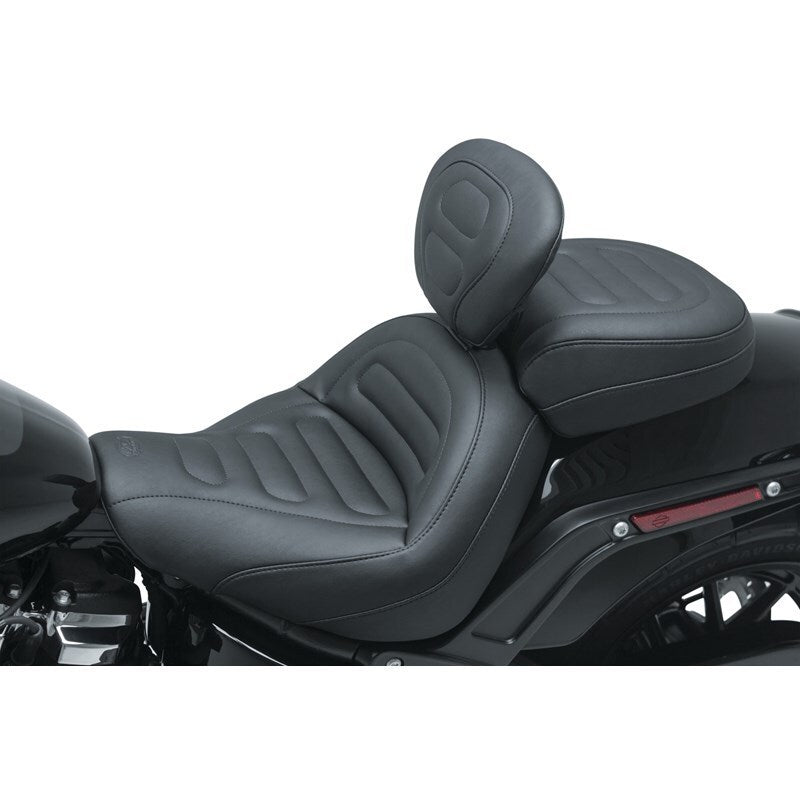 Mustang 18-21 Harley Fat Bob Standard Touring Solo Seat w/Driver Backrest - Black Solo Motorcycle Seats Mustang Motorcycle
