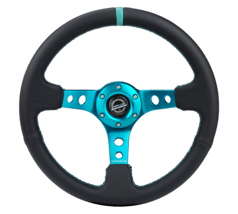 NRG Reinforce Steering Wheel (350mm / 3in. Deep) Blk Leather, Teal Center Mark w/ Teal Stitching Steering Wheels NRG