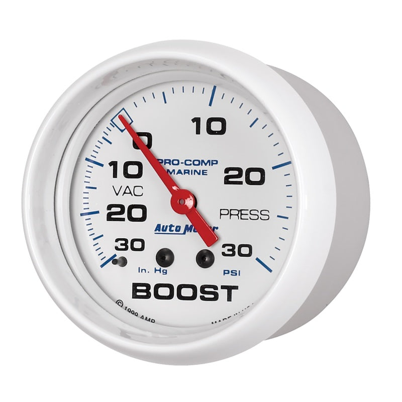 Autometer Marine White Gauge 2-5/8in Mechanical Vacuum/Boost Gauge 30INHG-30PSI Gauges AutoMeter
