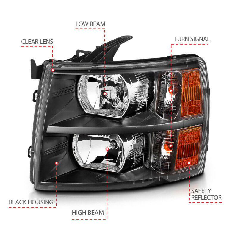 ANZO 2007-2013 Chevrolet Silverado Crystal Headlights Black Headlights ANZO