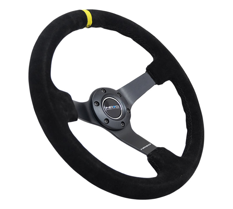 NRG Reinforced Steering Wheel (350mm / 3in. Deep) Blk Suede/X-Stitch w/5mm Blk Spoke & Yellow CM Steering Wheels NRG