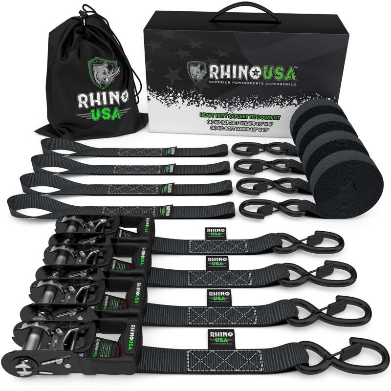 Rhino USA Heavy Duty Ratchet Tie-Down 4-Pack Black 1.6In X 15Ft Cargo Tie-Downs Rhino USA