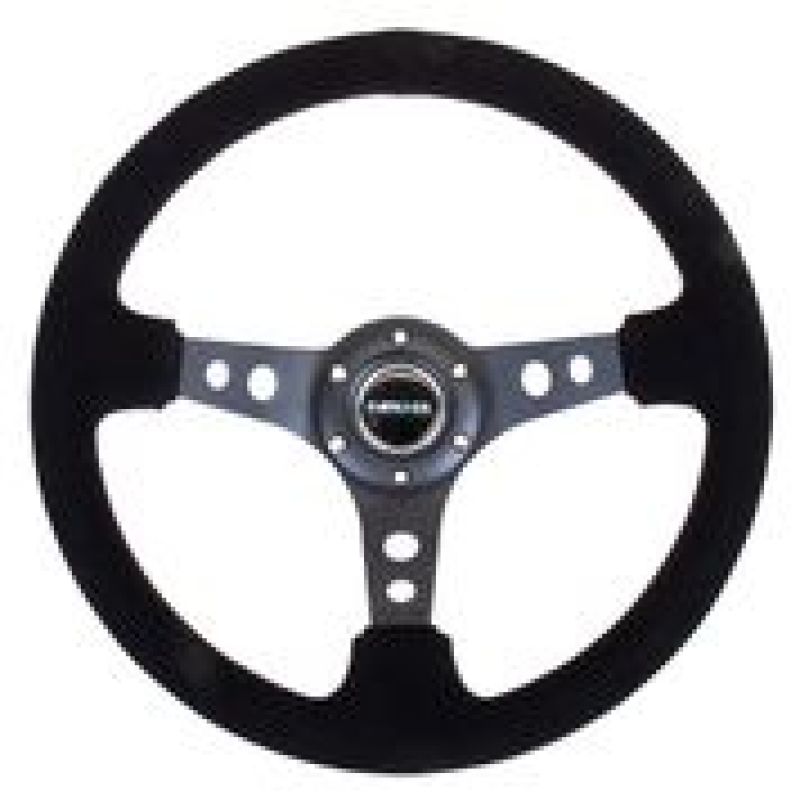 NRG Reinforced Steering Wheel (350mm / 3in. Deep) Blk Suede/Blk Stitch w/Black Circle Cutout Spokes Steering Wheels NRG
