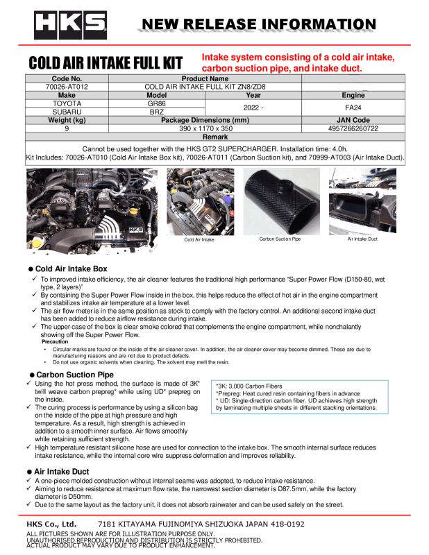 HKS Subaru ZN8/ZD8 Cold Air Intake Full Kit Cold Air Intakes HKS