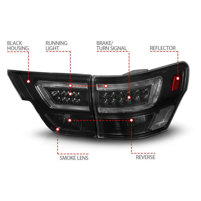 ANZO 11-13 Jeep Grand Cherokee LED Taillights w/ Lightbar Black Housing/Smoke Lens 4pcs Tail Lights ANZO