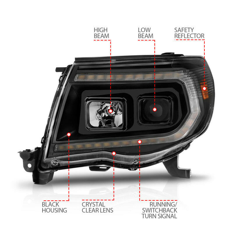 ANZO 05-11 Toyota Tacoma Projector Headlights w/Light Bar Switchback Black Housing Headlights ANZO