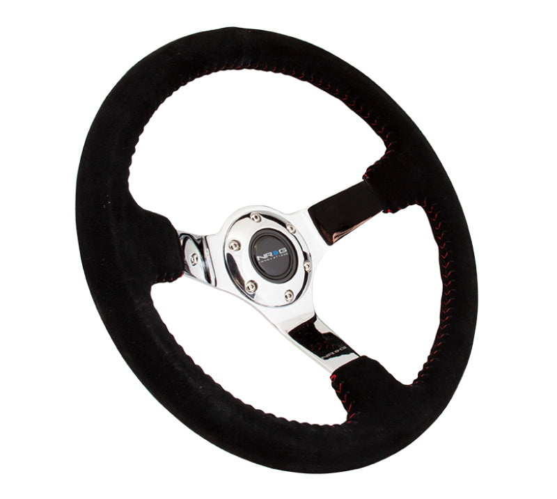 NRG Reinforced Steering Wheel (350mm / 3in. Deep) Blk Suede w/Red BBall Stitch & Chrome 3-Spoke Steering Wheels NRG