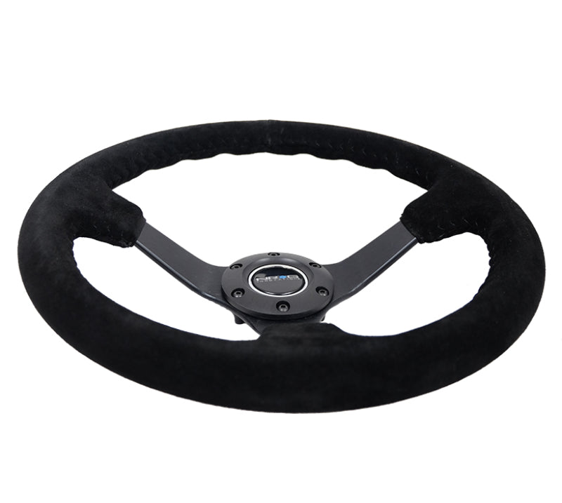 NRG Reinforced Steering Wheel (350mm / 3in. Deep) Blk Suede/Blk Bball Stitch w/5mm Matte Black Spoke Steering Wheels NRG