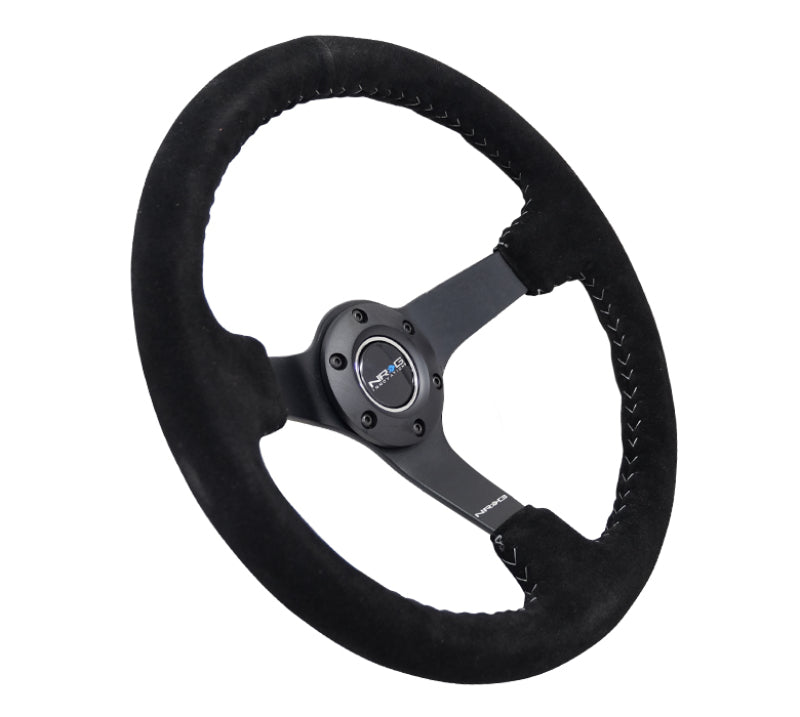 NRG Reinforced Steering Wheel (350mm / 3in. Deep) Blk Suede/Silver BBall Stitch w/5mm Mt. Blk Spokes Steering Wheels NRG