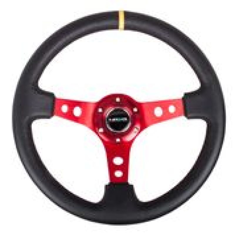 NRG Reinforced Steering Wheel (350mm / 3in. Deep) Blk Leather w/Red Spokes & Sgl Yellow Center Mark Steering Wheels NRG