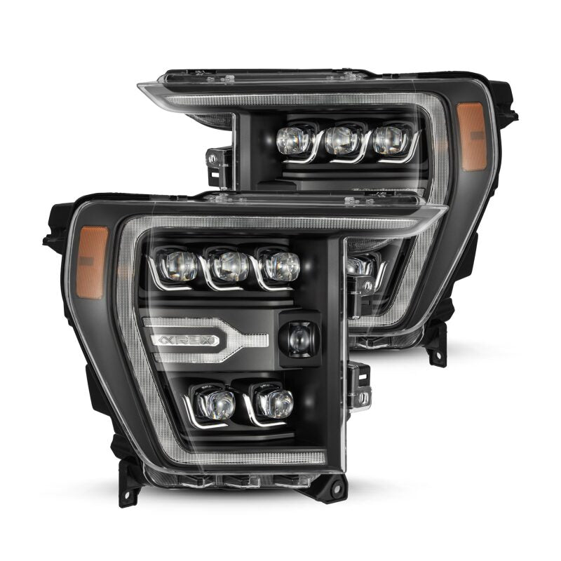 AlphaRex 21-22 Ford F-150 NOVA LED Proj Headlights Plank Style Blk w/Activ Light/Seq Signal Headlights AlphaRex
