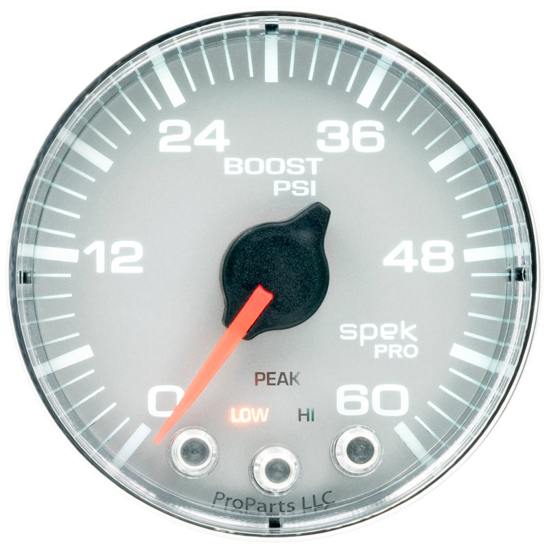 Autometer Spek-Pro Gauge Boost 2 1/16in 60psi Stepper Motor W/Peak & Warn Slvr/Chrm Gauges AutoMeter