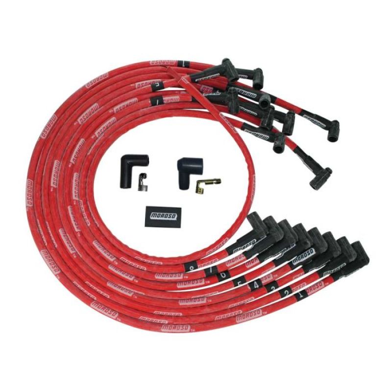 Moroso BBC Under Header 90 Deg Plug Boots HEI Sleeved Ultra Spark Plug Wire Set - Red Spark Plug Wire Sets Moroso